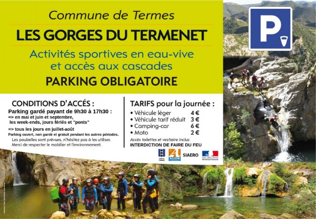 Panneau parking gorges du Termenet 2018 fonctionnement parking gorges de Termes