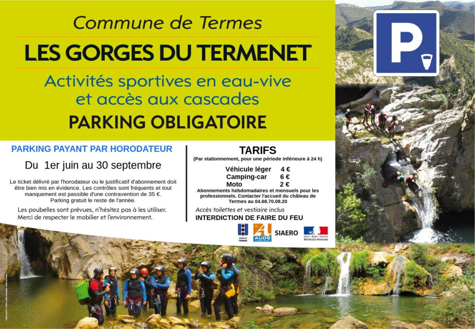 Panneau parking gorges du Termenet 2019 fonctionnement parking gorges de Termes