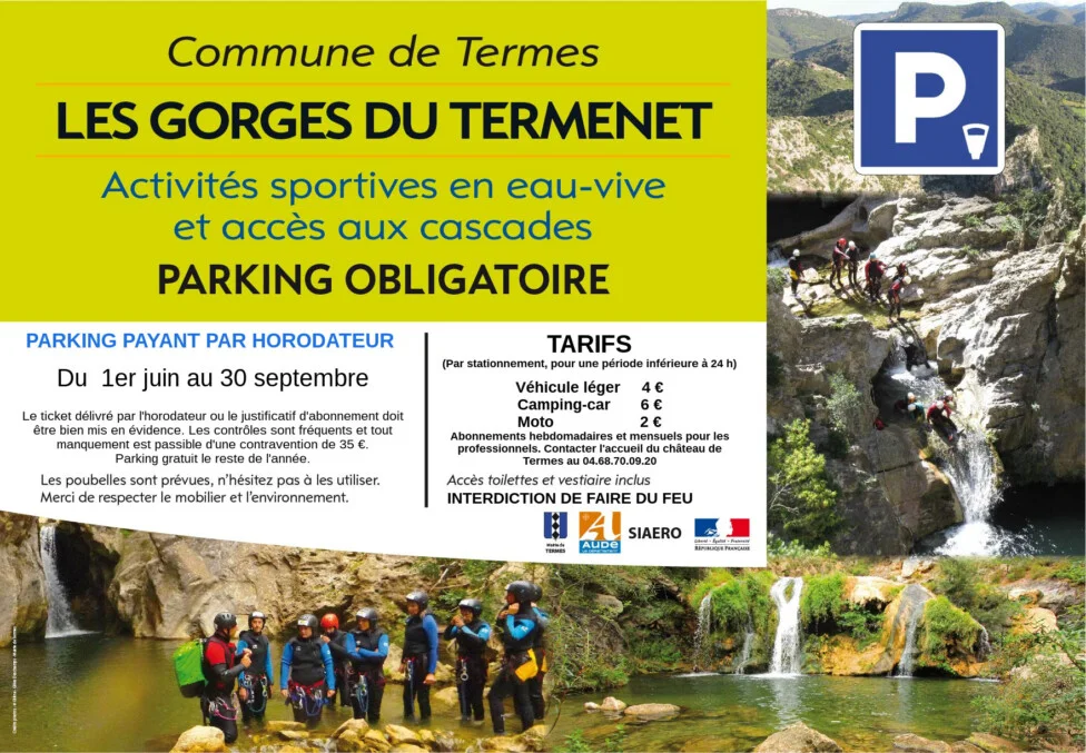 Panneau parking gorges du Termenet 2019 fonctionnement parking gorges de Termes