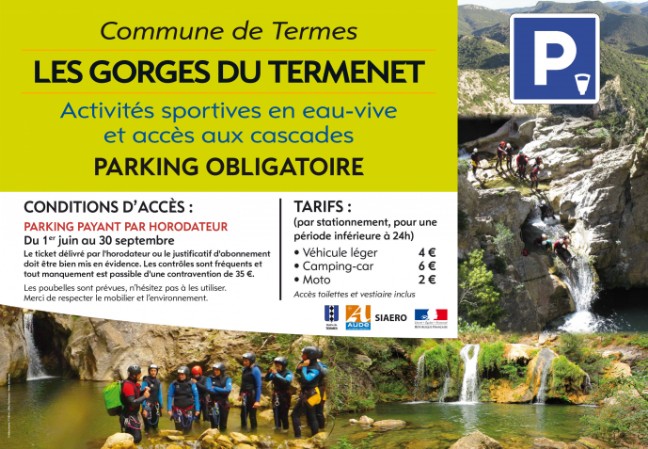 Panneau parking gorges du Termenet 2019 fonctionnement parking gorges de Termes