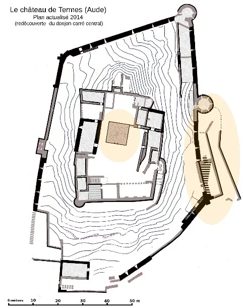 Carte plan du château de Termes en 2014. Plan du château de Termes avec donjon et escalier neuf, 2014.